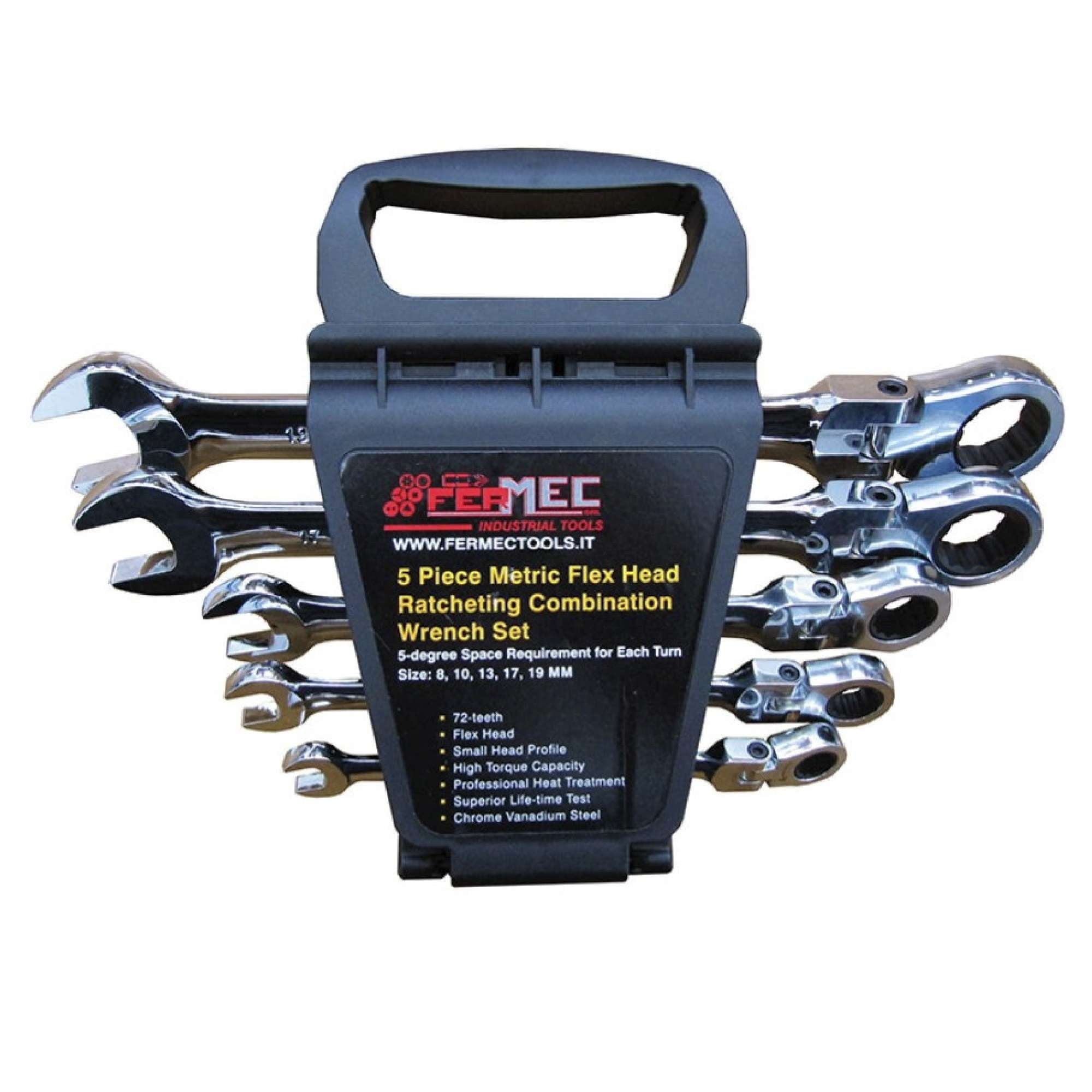 Set of 5 articulated ratchet combination wrenches - Fermec FRW-198