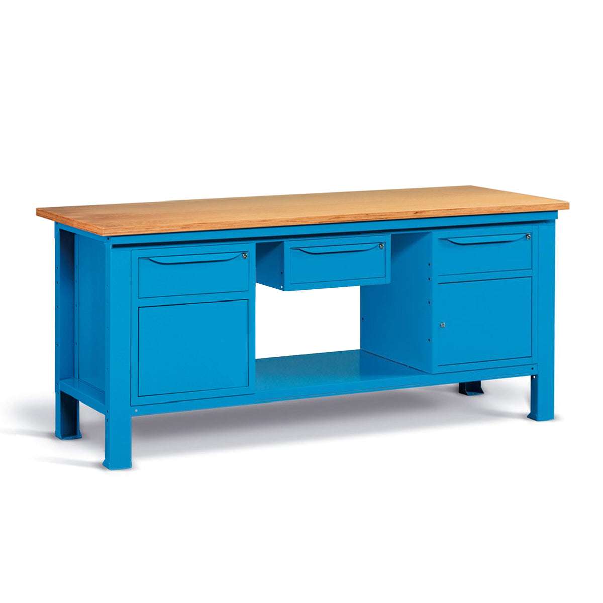 WORKSHOP WORKBENCH WOODEN TOP 2000 X 750 X 880 H - 2 CABINETS 1 DRAWER 1 DOOR + 1 WARDROBE 1 DRAWER - FAMI - BLUE