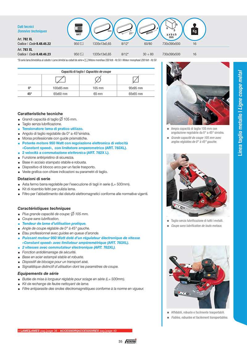 Femi 782 XL electronic band saw for metal 950W max cut 105mm 2 speeds