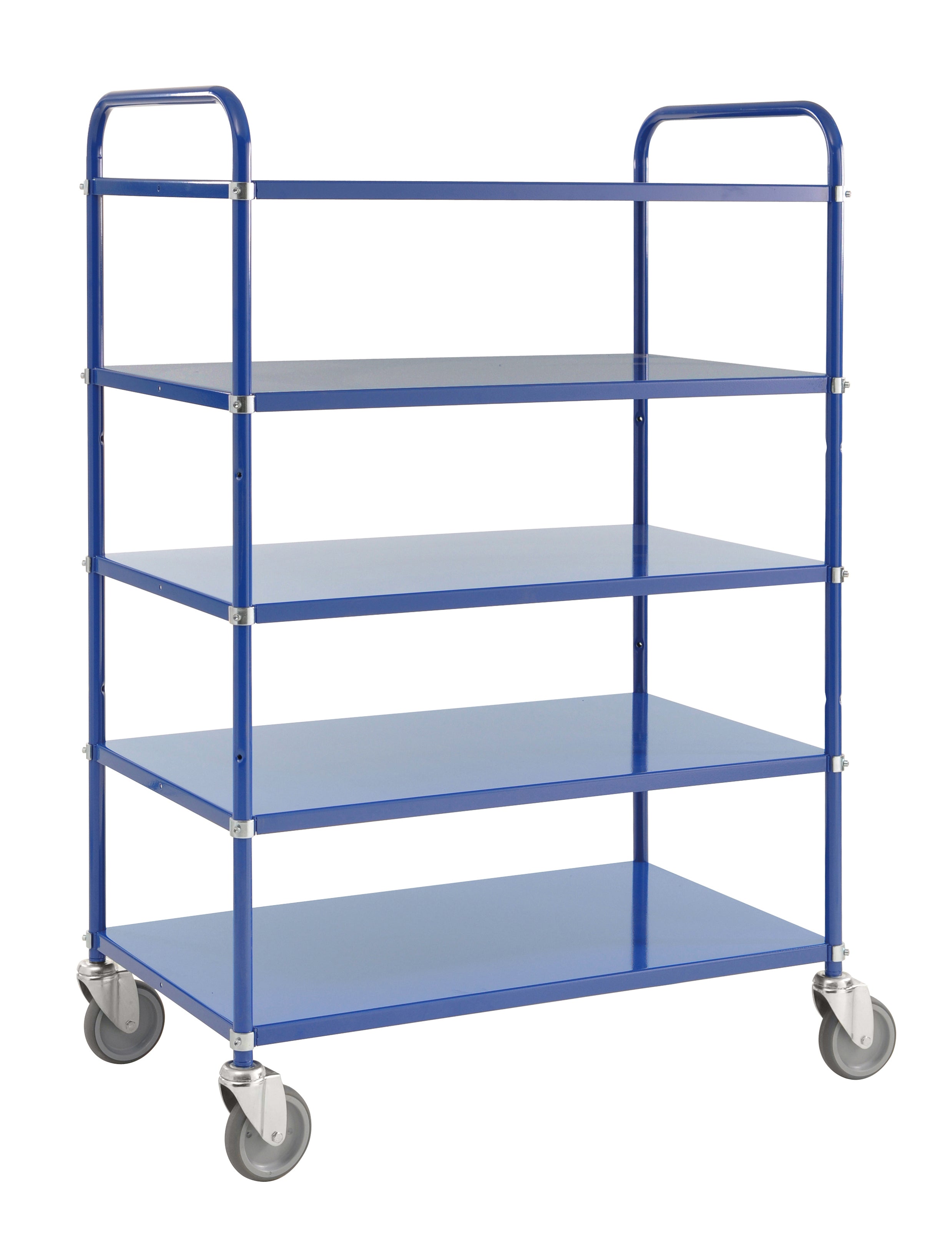 Tall sheet metal Blue trolley, 5 shelves L x W x H (mm) 980 x 585 x 1445