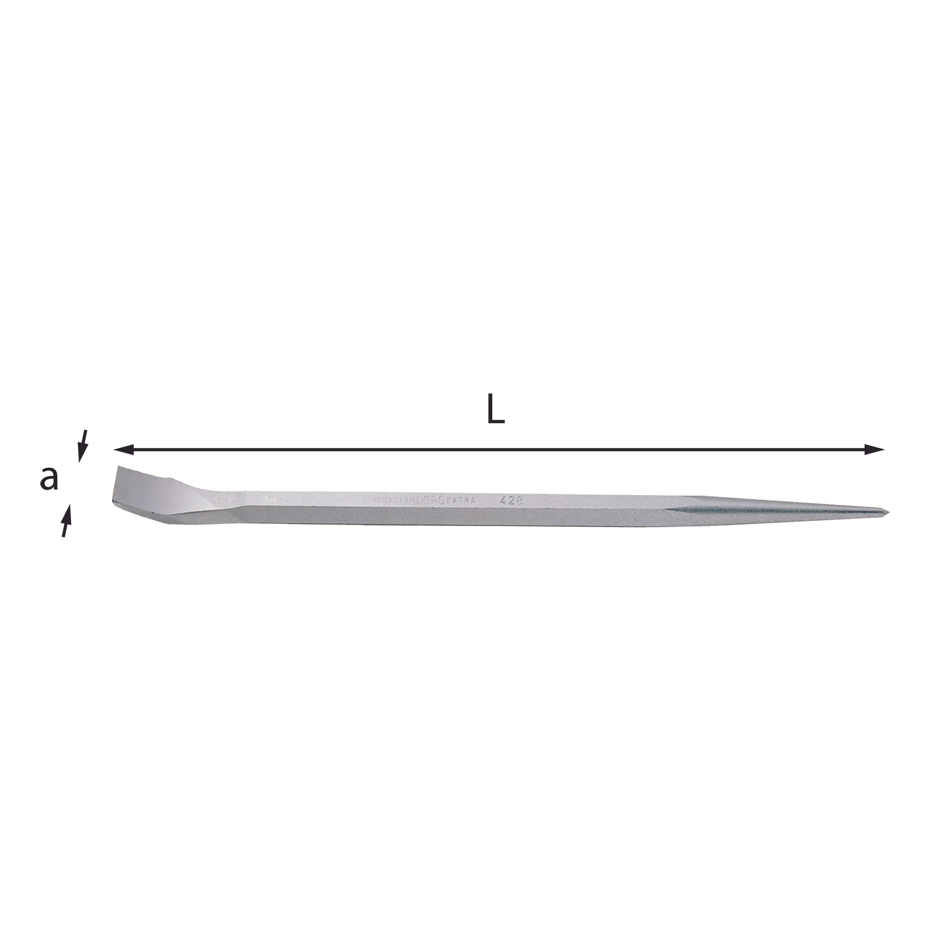 Crowbar with hexagonal section with one pointed end and one curved flat end