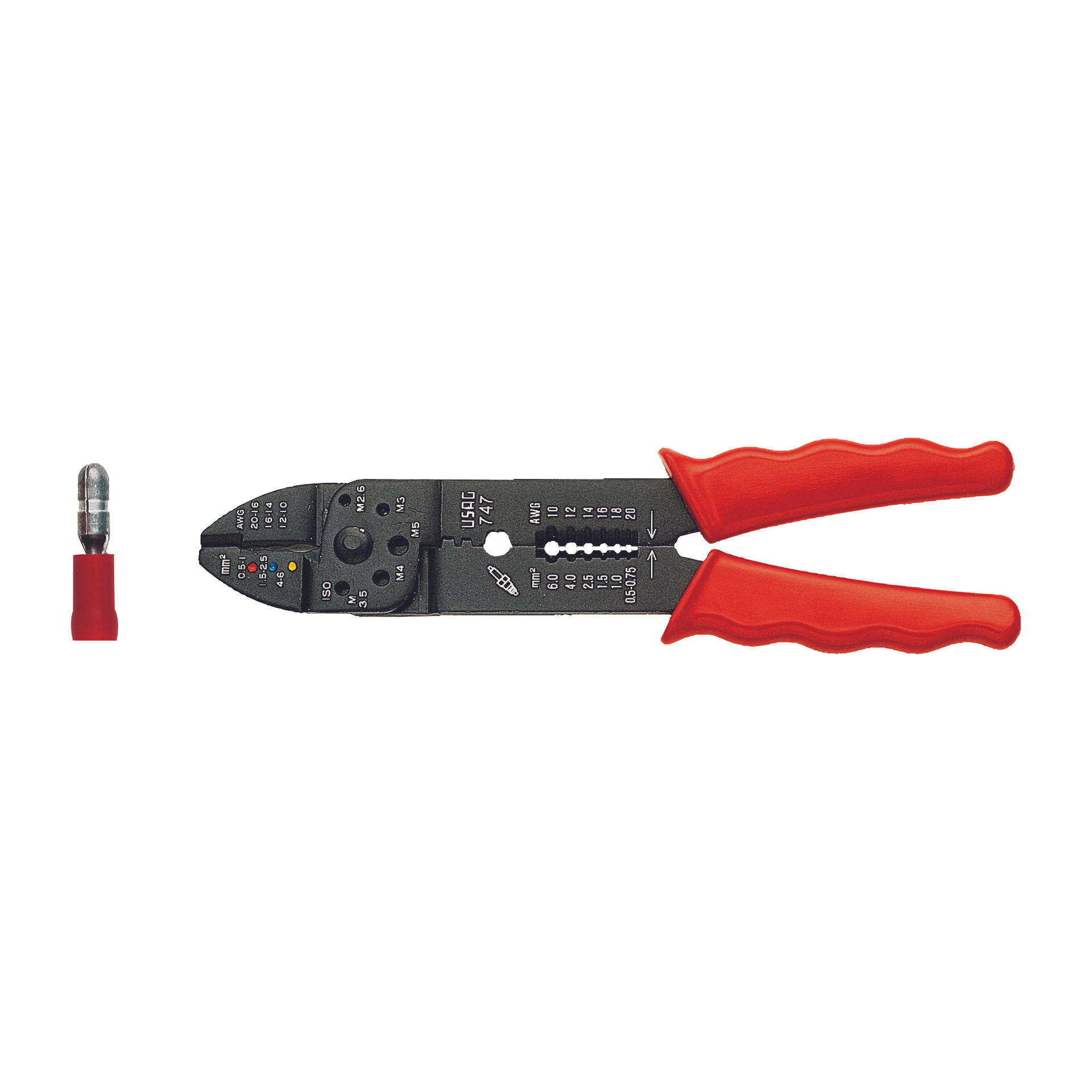 Pliers for pre-insulated cable lugs model with wire cutters, wire cutters and wire strippers