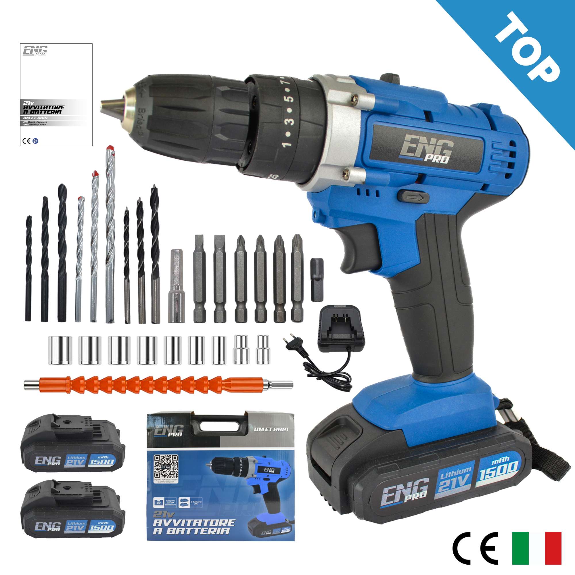 Cordless combi drill 21V with 24 accessories and 2 batteries incuded - ENG PRO