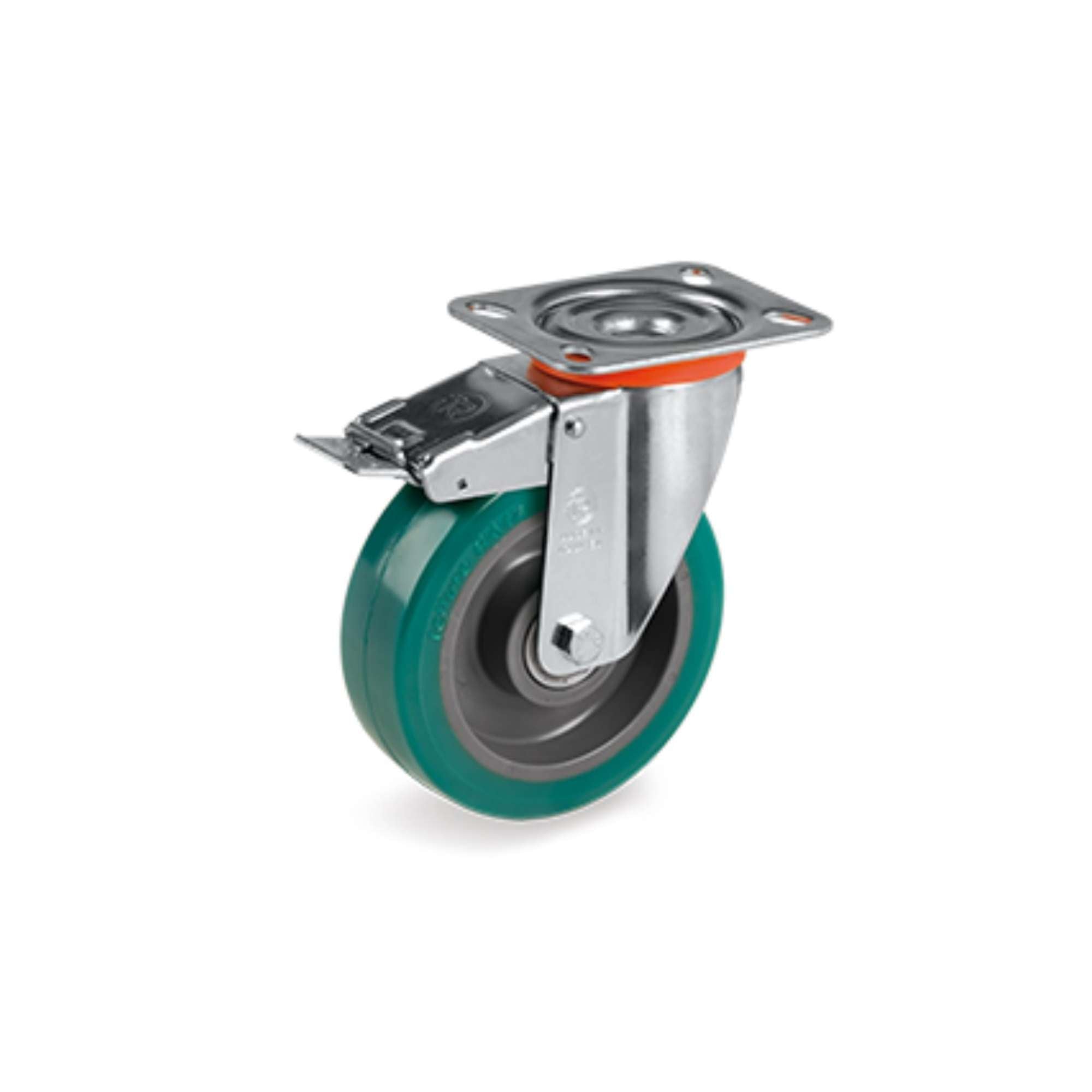 Green polyurethane wheel with rotating stand and brake D125 Tellure Rota 627323