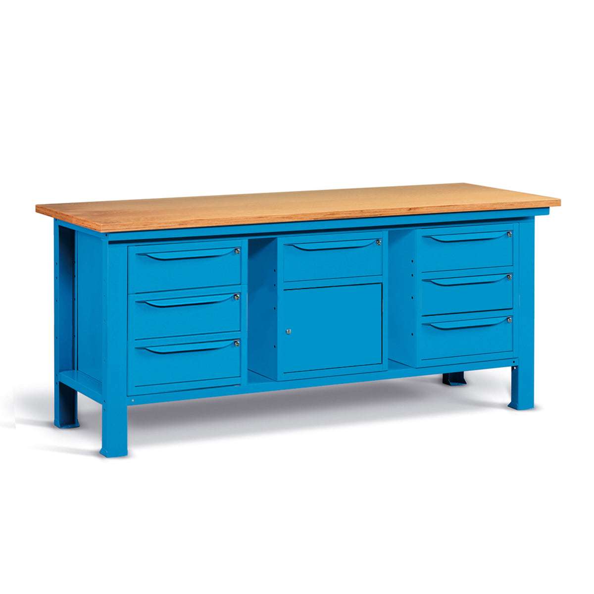 WORKSHOP WORKBENCH WOODEN TOP 2000 X 750 X 880 H - 2 CABINETS 3 DRAWERS + 1 WARDROBE 1 DRAWER 1 DOOR - FAMI - BLUE