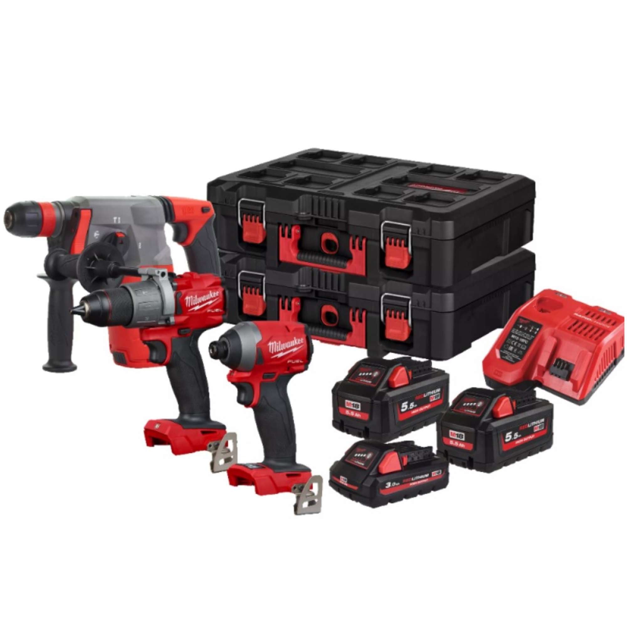 KIT MILWAUKEE 18V DRILL, SCREWDRIVER, HAMMER 2B5.5Ah+1B3.0 4933478832