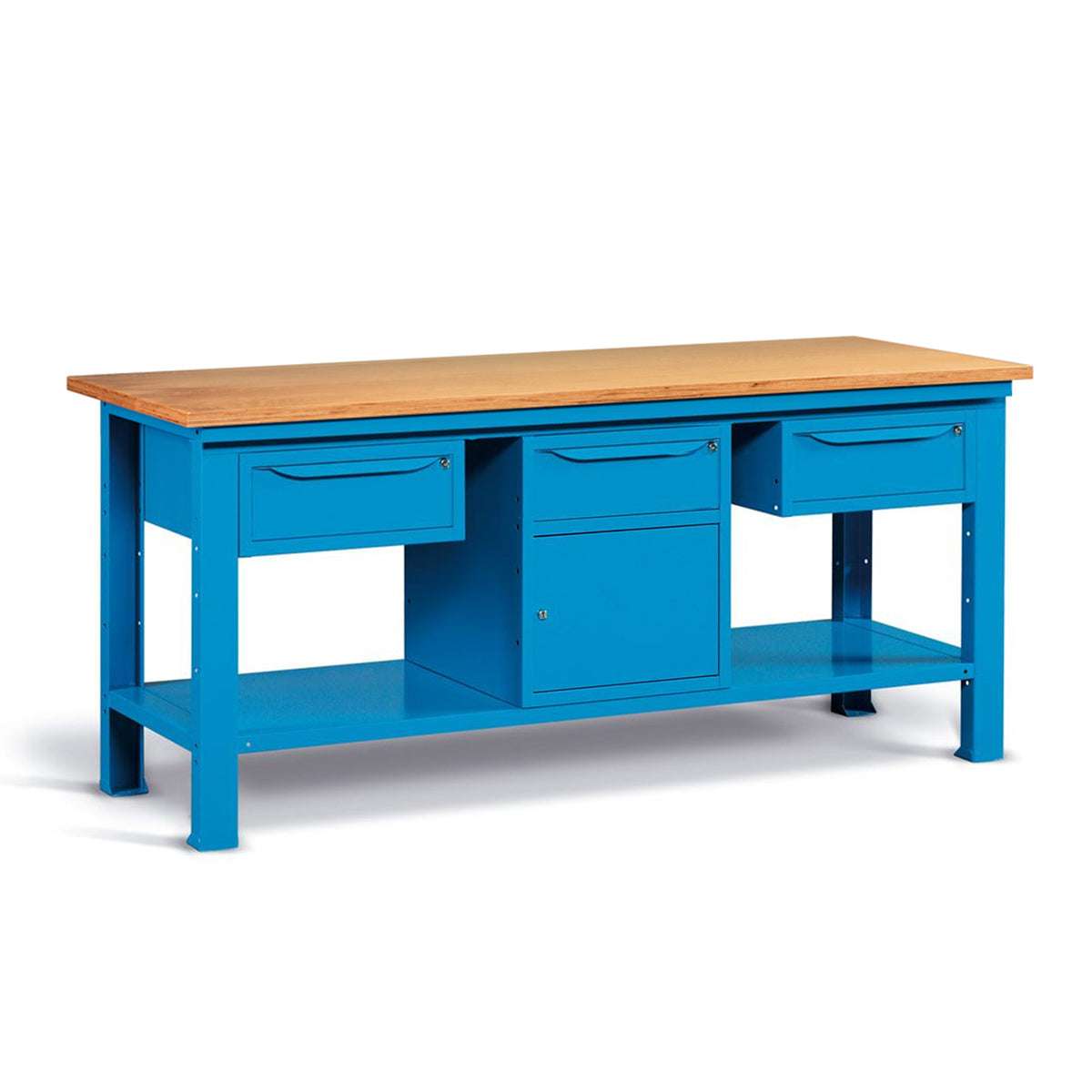 WORKSHOP WORKBENCH WOODEN TOP 2000 X 750 X 880 H - 2 CABINETS 1 DRAWER + 1 WARDROBE 1 DRAWER AND 1 DOOR - FAMI - BLUE