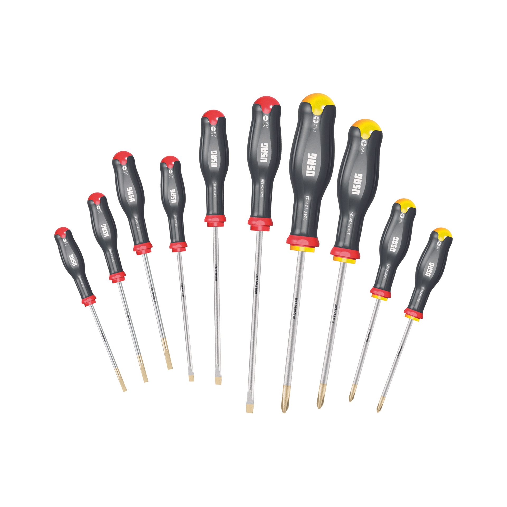 Set of 10 screwdrivers for slot-head and Phillips screws 890gr Usag 324 SH10