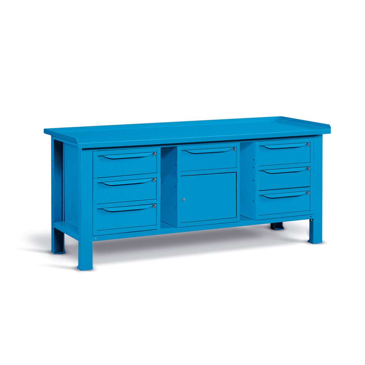 WORKSHOP WORKBENCH STEEL TOP 2007 x 705 x 855 H - 2 CABINETS 3 DRAWERS + 1 CABINET 1 DRAWER 1 DOOR - FAMI - BLUE