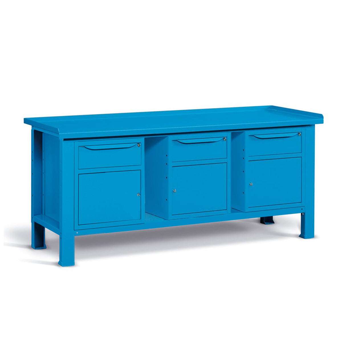 WORKSHOP WORKBENCH STEEL TOP 2007 x 705 x 855 H - 3 CABINETS 1 DRAWER 1 DOOR - FAMI - BLUE