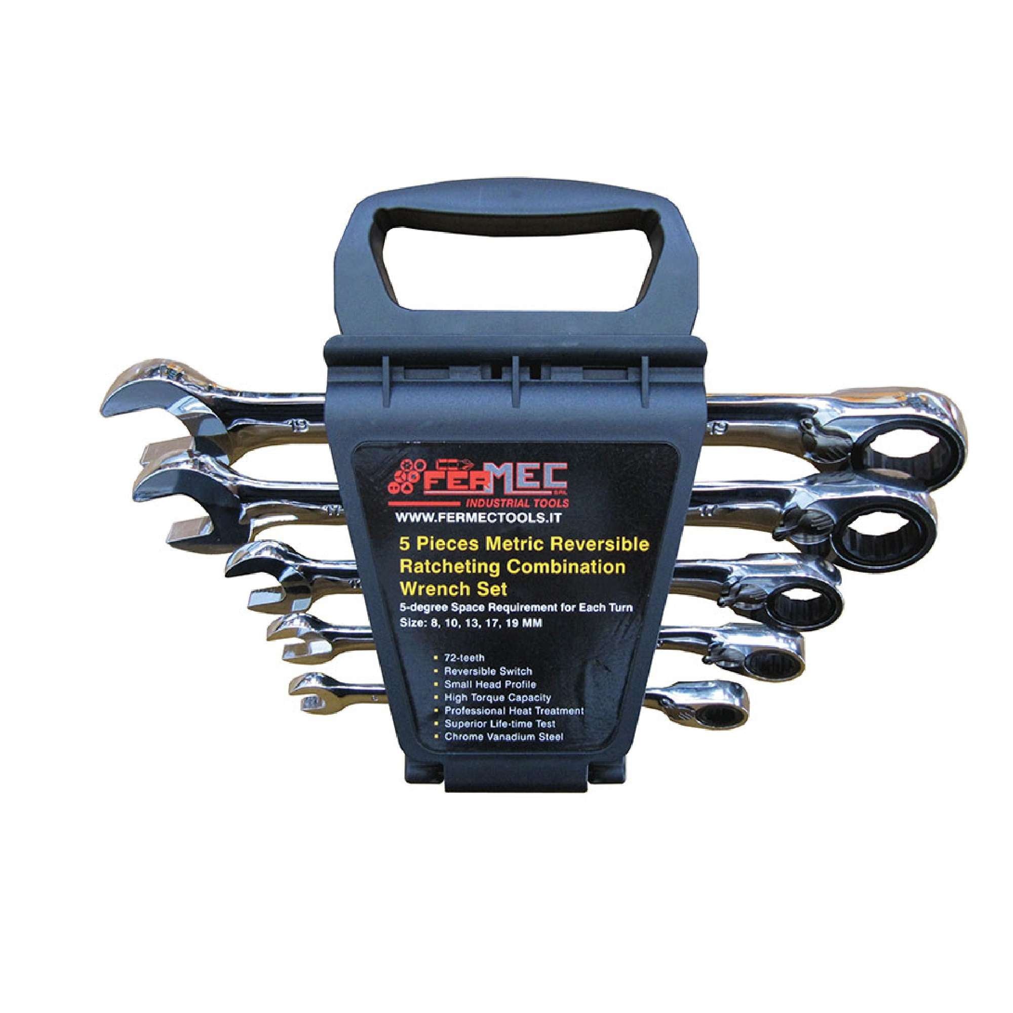 Set of 5 combination wrenches with reversible ratchet and 15 head - Fermec BW-519