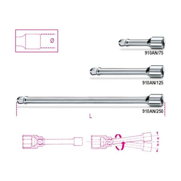 Extension with square male and female 3/8" angled connections L.250mm - Beta