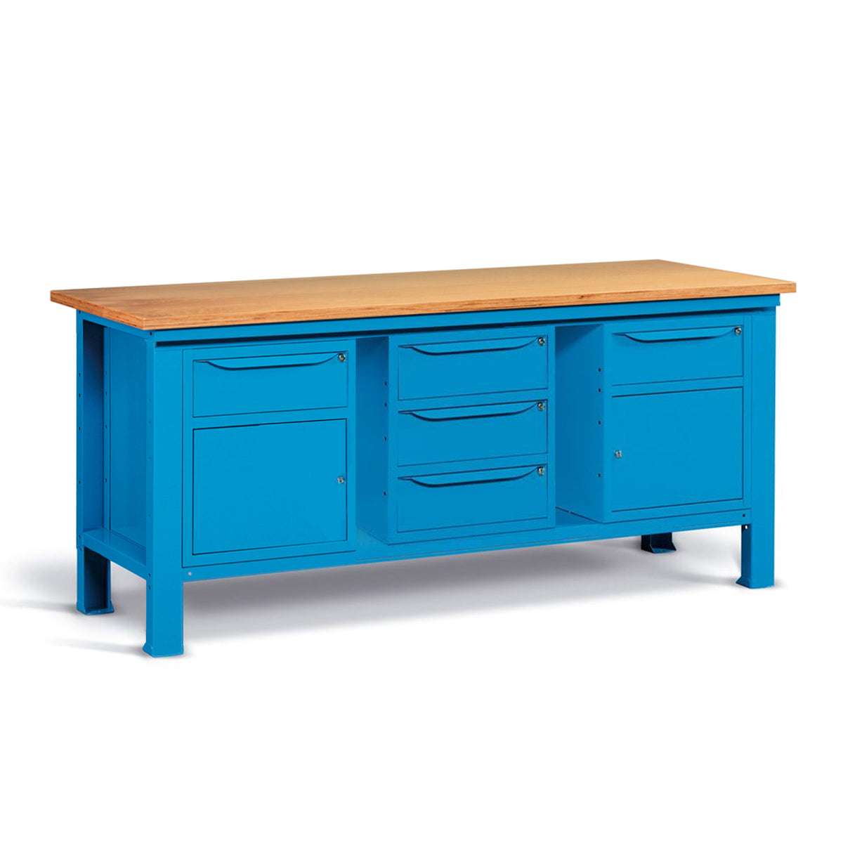 WORKSHOP WORKBENCH WOODEN TOP 2000 X 750 X 880 H - 2 CABINETS 1 DRAWER 1 DOOR + 1 WARDROBE 3 DRAWERS - FAMI - BLUE